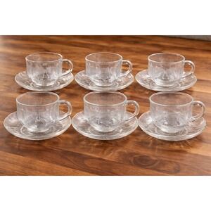 Arcoroc France Fleur Clear Glass Teacups & Saucers 6pc Tea Set Floral Petal